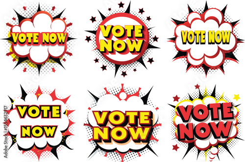 Vote Now! Six Colorful Comic Book Speech Bubbles Design