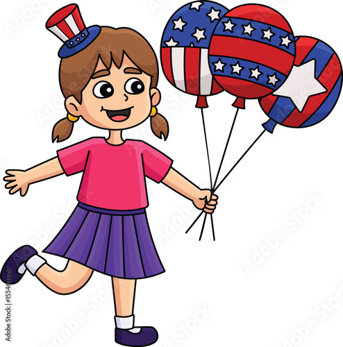 4th of July Girl Holding Balloons Cartoon Clipart 