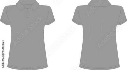 Classic Polo Shirt: Front and back view of a casual grey polo shirt, showcasing details such as collar and sleeves and buttons