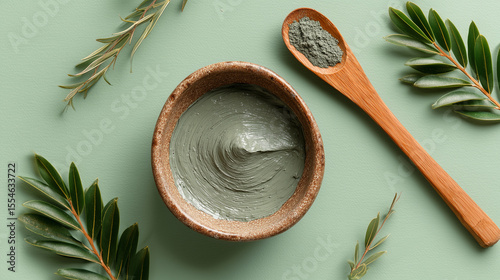 Organic clay face mask in ceramic bowl on sage green background with wooden spoon and leaves