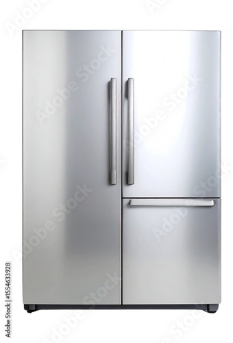 Modern steel kitchen appliance: isolated refrigerator with closed door on white background.