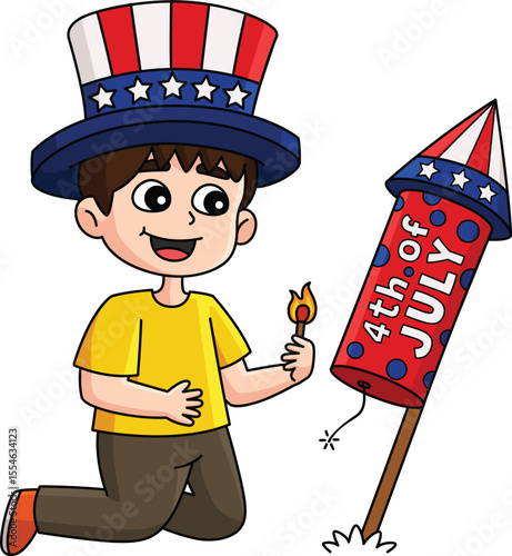 4th of July Kid Lighting Up Fireworks Clipart 