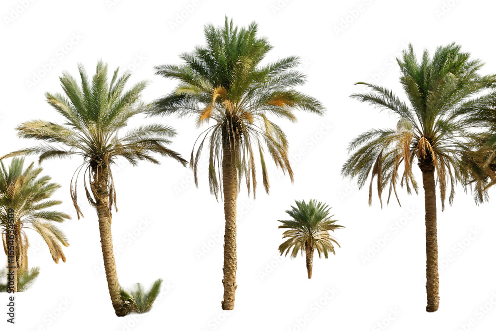 Obraz premium Isolated Group of Date Palm Trees with Green Fronds and Textured Trunks on a Black Background for Compositing and Design