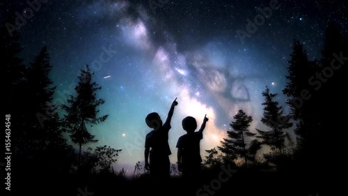 Silhouetted children pointing upward, discovering starry forest landscape with Milky Way backdrop and brilliant shooting star illuminating nocturnal wilderness scene