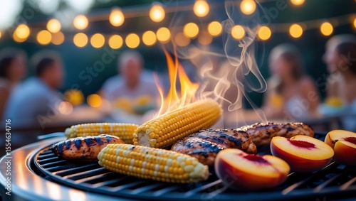 Summer Barbecue: A lively outdoor gathering with mouthwatering grilled corn, peaches, and meat, all basking in the warm glow of a summer evening, capturing the essence of celebration and togetherness.
