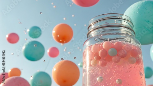 Whimsical glass jar filled with pink liquid and small spheres surrounded by floating pastel colored balls and water droplets against a soft blue sky