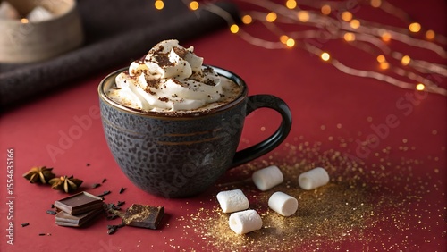 Cozy dark mug filled with whipped cream topped hot chocolate sprinkled with cocoa powder and chocolate shavings next to marshmallows
