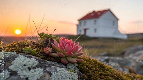 Close up of a vibrant pink succulent plant growing on mossy rocks with a white house and sunset in the blurred background