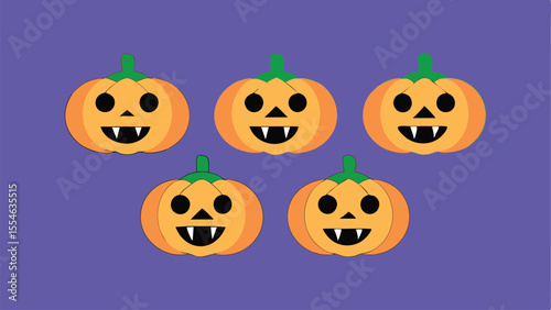 Five cute cartoon jack o lanterns with spooky smiles on a purple background