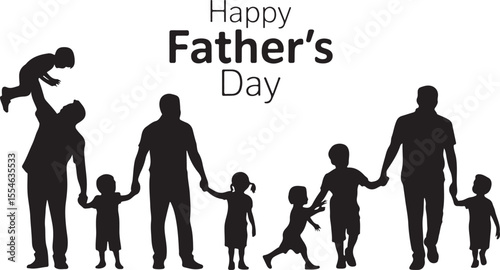 Group Silhouette of Father and Children with Minimalist Happy Father's Day Art and Black and White Family Bonding Design
