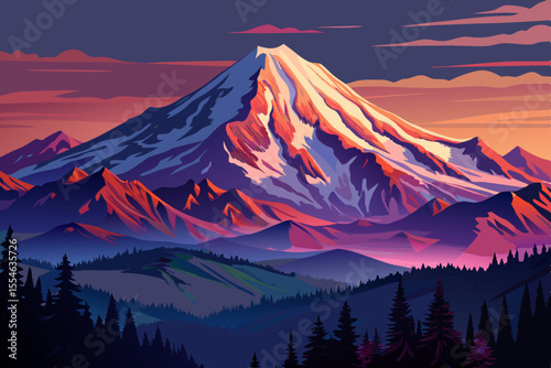 A Hazy Mount Rainier sunset at dusk from Naches peak landscape with beautiful sky