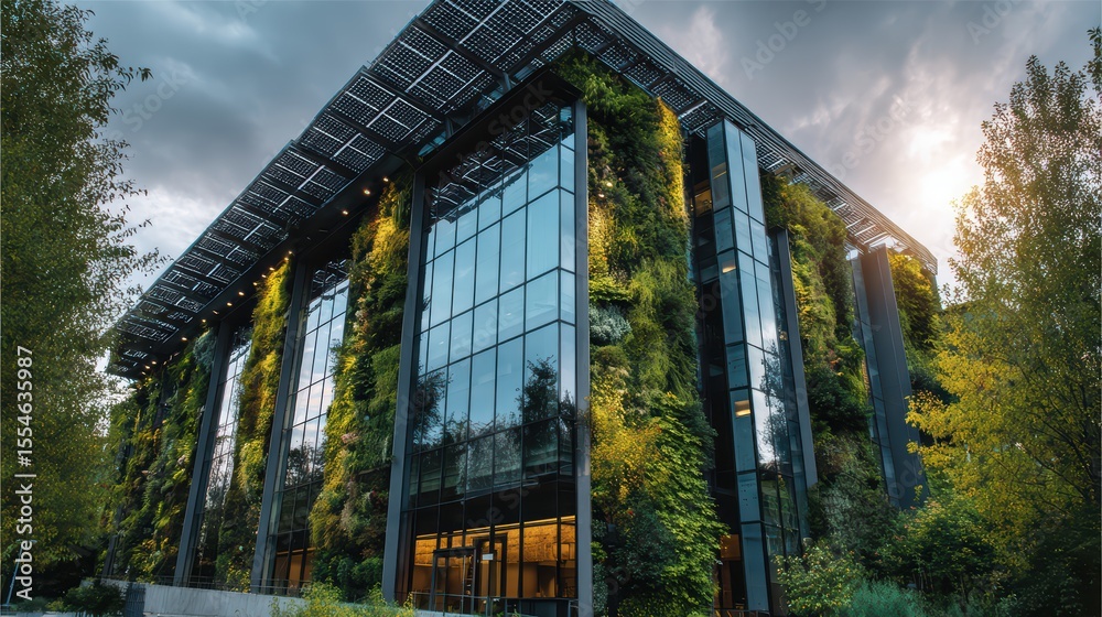 Obraz premium Modern Eco-Friendly Building with Vertical Garden and Solar Panels in Urban Landscape during Cloudy Evening