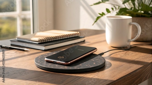 Smartphone charging wirelessly on a wooden desk next to notebooks and a mug near a window with natural light