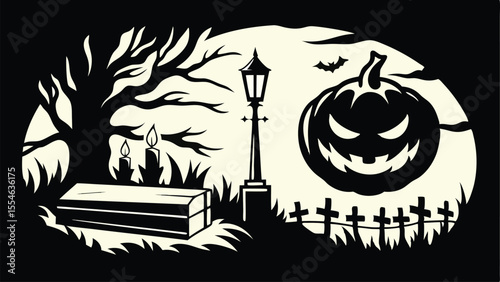 Spooky halloween scene with a jack o lantern coffin and graveyard under a bare tree
