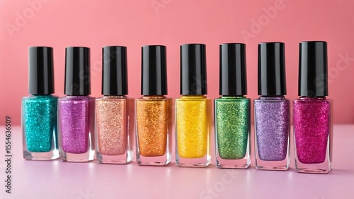 A vibrant collection of eight glitter nail polish bottles in various shimmering colors arranged in a row on a pink surface against a pink background