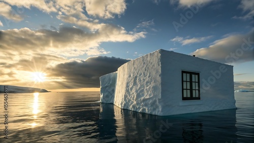 Surreal white house structure with a window floats in calm ocean water reflecting golden sun rays at sunrise