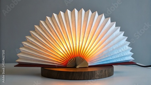 Unique fan shaped accordion lamp made of paper pages illuminated with warm orange light on a wooden base