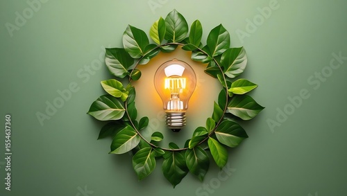 Green Energy Idea: Glowing light bulb in a wreath of fresh green leaves, symbolizing eco-friendly energy and sustainable innovation.