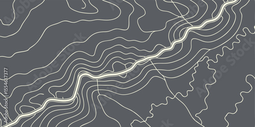 Topographic map in lines and contours. Vector geography contour landscape and terrain path. Travel and navigation cartography background. Mountain hiking trail scheme.topographic, cartography, 