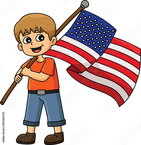 4th of July Boy Holding an American Flag Clipart 