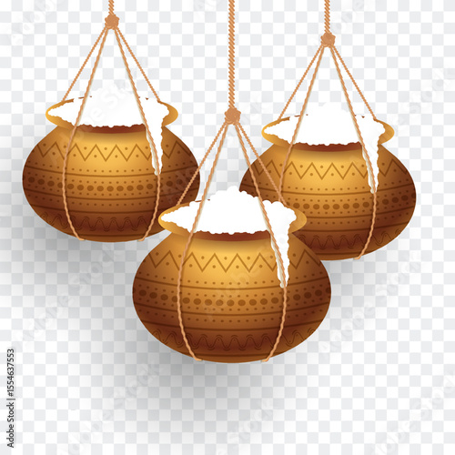Dahi handi in transparent background for festival of shree krishna janmashtami. Matki vector illustration design.