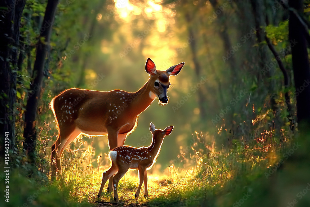Fototapeta premium Wildlife Observation in Metropolitan Landscape: Doe, Fawn, and White-Tailed Deer in a City Park Setting, Wisconsin, Nature Photography