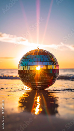 Disco Ball Sunset: A vibrant disco ball sits on a beach at sunset, reflecting the warm light. The ocean waves gently lap the shore, creating a magical scene. 