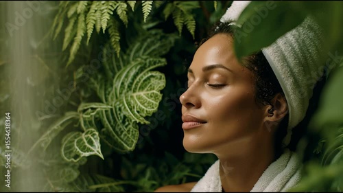 A woman relaxes in a tranquil spa environment, eyes closed, surrounded by soothing greenery, embracing serenity and calmness