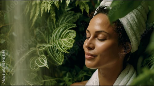 A woman relaxes in a tranquil spa environment, eyes closed, surrounded by soothing greenery, embracing serenity and calmness