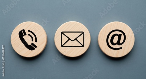 Сontact us icon symbols email, address, phone, on wood cube, customer service and support