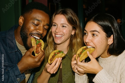 Friends enjoying delicious tacos.