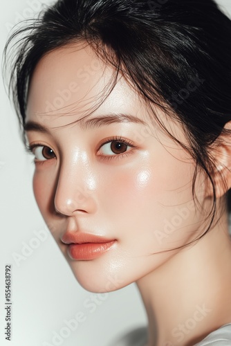 Asian woman portrait with shiny skin, natural makeup, and dark hair in studio
