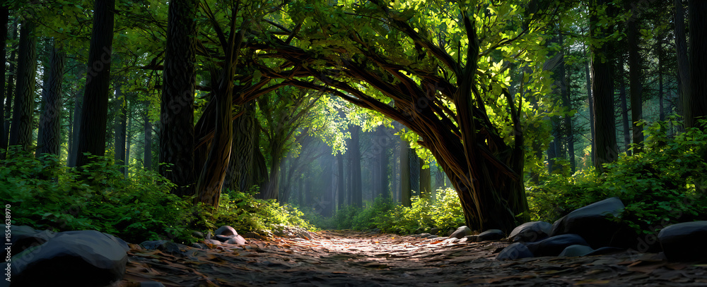 Obraz premium Enchanted Forest Archway: Nature's Majestic Handiwork Featuring Branches and Twigs Forming a Stunning Natural Entrance