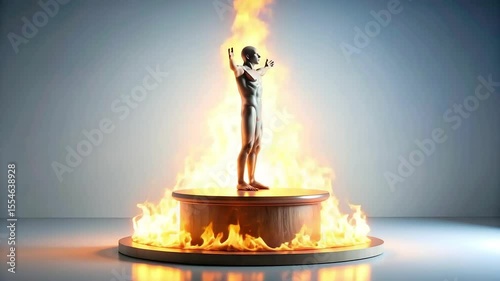 A sculpted figure stands atop a pedestal of wood engulfed in flames