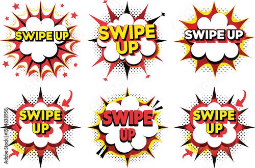 Six Colorful Comic Book Style "Swipe Up" Buttons for Social Media