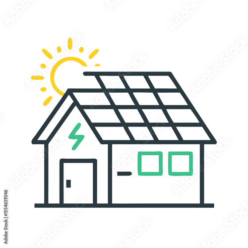 Modern house with solar panels and sun symbolizing renewable energy  