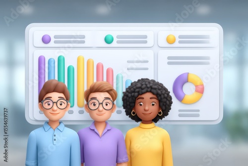 Engaging teamwork and collaboration shown through diverse individuals standing together in front of data visualization charts representing digital analytics and performance metrics conveying