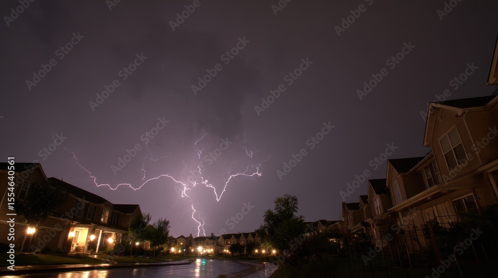 Fototapeta premium Neighborhood Dark. Lightning Bolts Illuminate Night Sky Over Cityscape