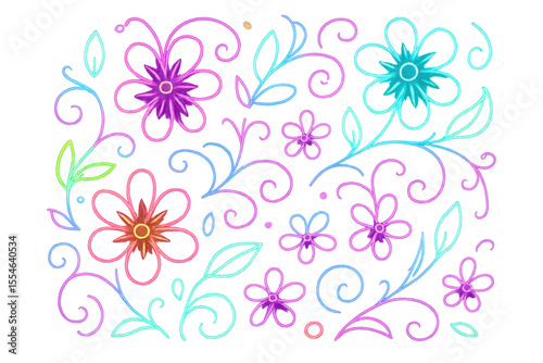 Vibrant neon flowers and swirling patterns creating a lively, decorative design on a transparent background, radiating colorful energy