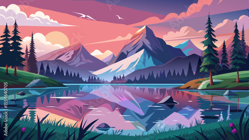 A quiet alpine lake mirrors the snowy peaks and pine-covered hills surrounding it. The water is still, like glass, with a family of ducks gliding in the distance. Pink clouds reflect in the surface 