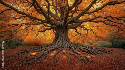 Majestic Autumnal Tree With Exposed Roots In A Forest Under Golden Light