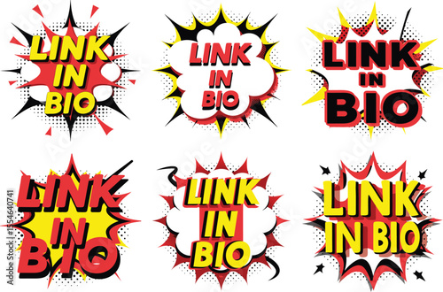Six Unique "Link in Bio" Comic Book Speech Bubbles Designs