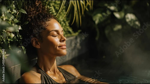 A woman relaxes in a tranquil spa environment, eyes closed, surrounded by soothing greenery, embracing serenity and calmness