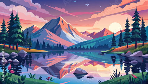 A quiet alpine lake mirrors the snowy peaks and pine-covered hills surrounding it. The water is still, like glass, with a family of ducks gliding in the distance. Pink clouds reflect in the surface
