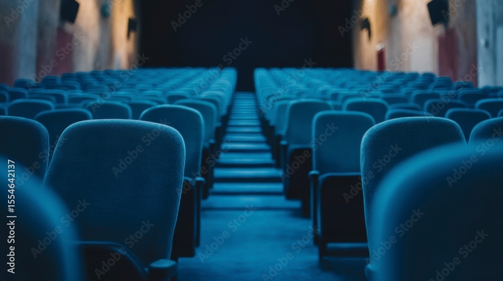 Fototapeta premium Empty blue cinema seats in a dark theater, rows receding to a distant screen.
