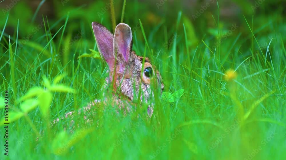 A bunny rabbit in tall grass feeding in our overgrown yard this year in Windsor, NY.  