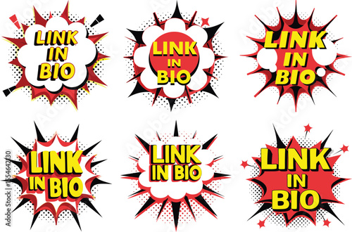 Six Unique "Link in Bio" Comic Book Style Designs for Social...