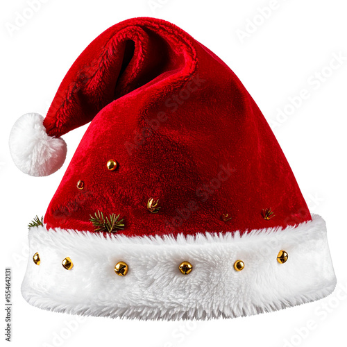 Folded Santa Hat with Golden Bells and Evergreen Sprigs, isolated on transparent background PNG
