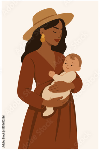 Vector illustration of a stylish mother holding her sleeping baby with love and calm. Ideal for motherhood, parenting, baby care, and maternal connection visuals.
