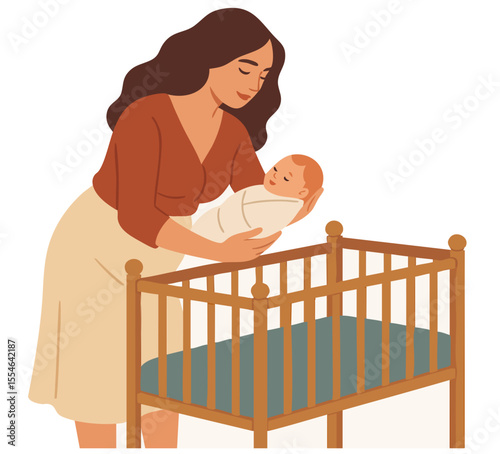 Vector illustration of a mother gently placing her newborn into a crib. Ideal for parenting content, motherhood themes, baby care visuals, and nursery-related designs.